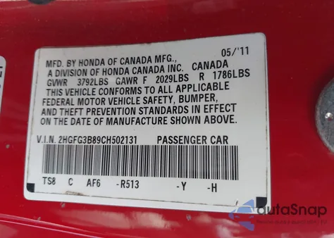 2012 Honda Civic Ex из США, поврежденный, VIN 2HGFG3B89CH502131